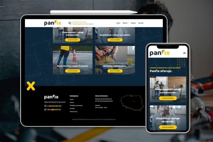 PANFIX - Strona www dla firmy firmy usługowej z Warszawy świdczącej m.in usługi remontowe, dezynfekcji, transportu (projekt + kodowanie)